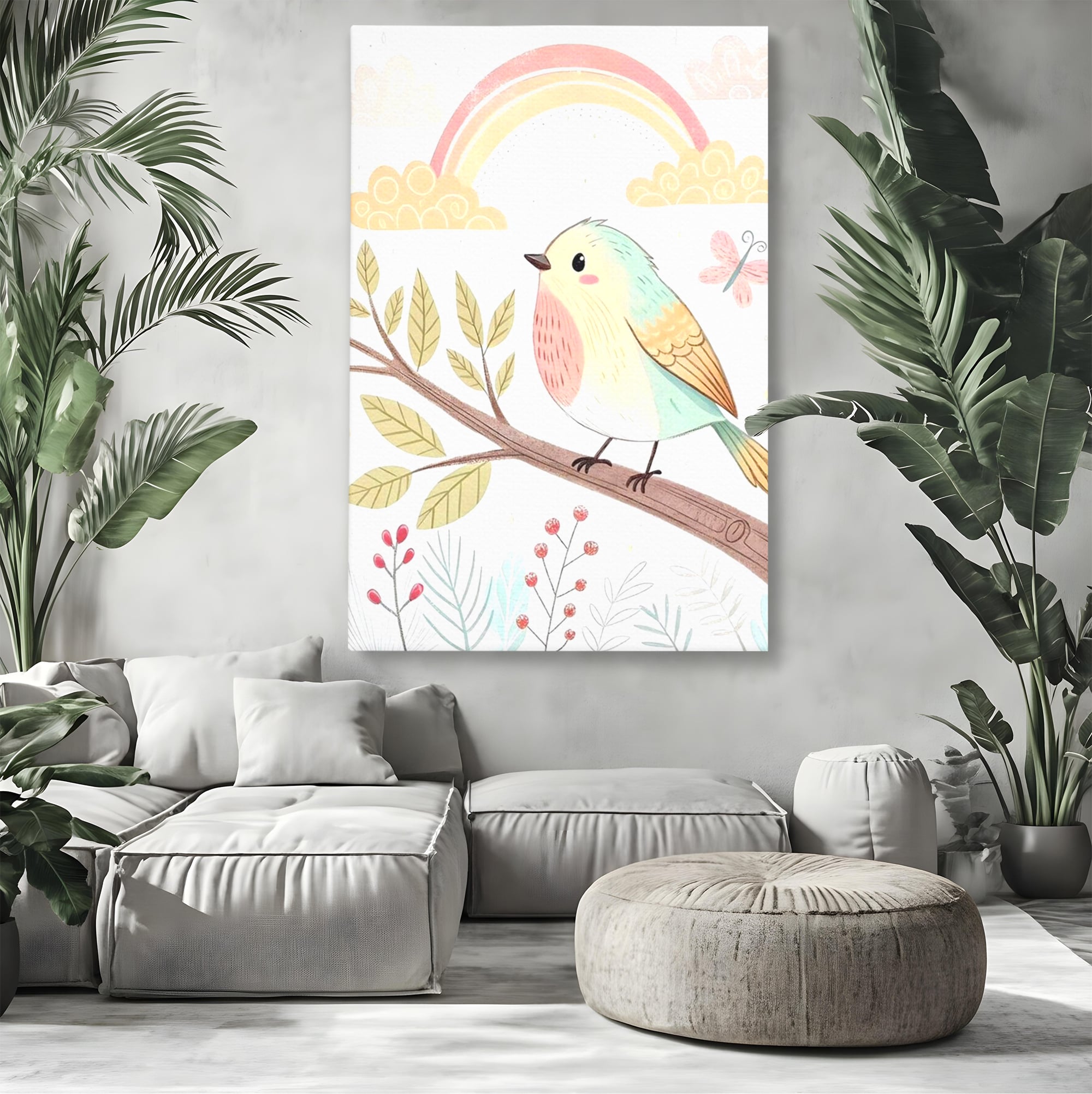 Tablou canvas cu tablou canvas cu pasare pe ramura, fara rama, pe sasiu de lemn, pe perete intr-un living